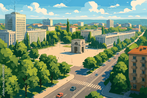 Chisinau View with Soviet Blocks and Leafy Boulevards