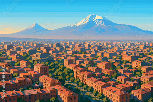 Yerevan Morning View with Mount Ararat and Pink Tufa Buildings
