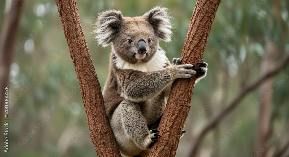 Koala Sitting in Tree Looking Ahead with Natural Green Background Koala Sitting in Tree Looking Ahead with Natural Green Background
