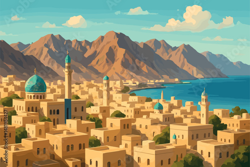 Muscat View with Coastal Mountains and Beige Architecture