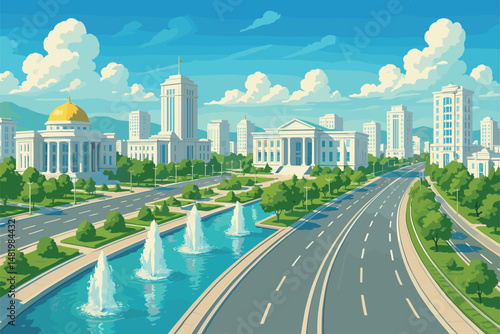 Ashgabat View with White Marble Buildings and Fountains