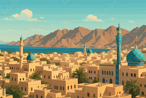 Muscat View with Coastal Mountains and Beige Architecture