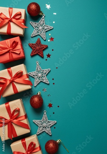 Christmas Gifts and Ornaments Photo on Teal Background