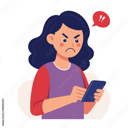 Angry woman online, texting hate comment on mobile phone. Aggressive person with smartphone, chatting in social media, internet conflict. Flat vector illustration isolated on white background 