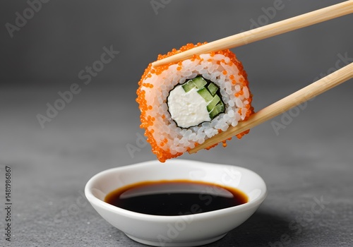 Salmon sushi roll with soy sauce