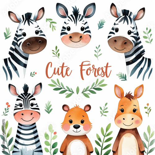 Illustration of Cartoon animal head collection set