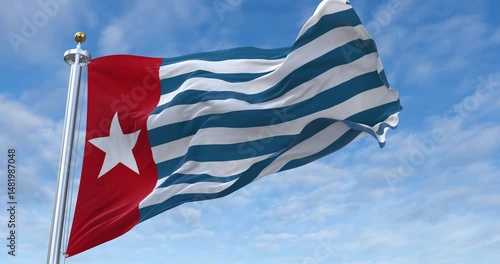 West Papua flag with flagpole waving in wind, rolling clouds background looping, 4K video (Perfect Loop)