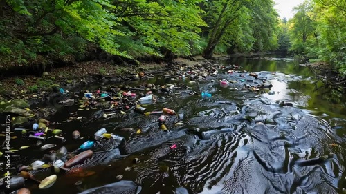 Polluted river full of floating plastic waste and garbage surrounded by lush green trees, environmental damage, ecological disaster, concept of pollution and conservation