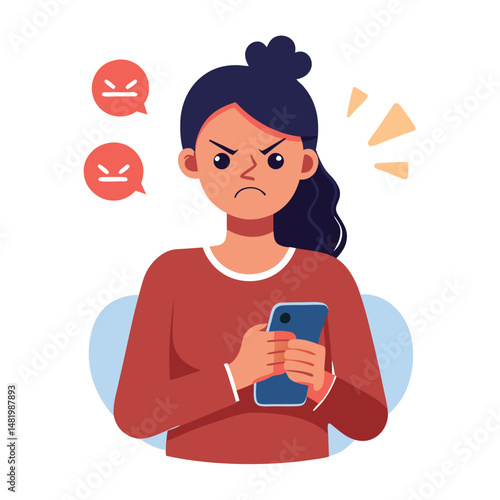 Angry woman online, texting hate comment on mobile phone. Aggressive person with smartphone, chatting in social media, internet conflict. Flat vector illustration isolated on white background 