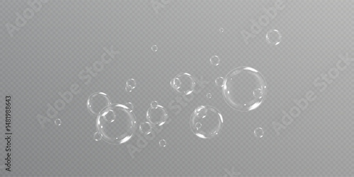 Transparent Soap Bubbles with Iridescent Glow. Realistic Bubble Set with Glossy Surface, Color Light Reflections, and Airy Floating Effect for Backgrounds, Posters, and Cleaning Concepts