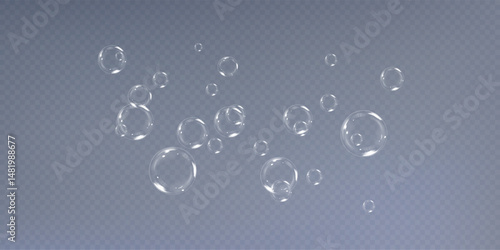 Shiny Realistic Soap Bubbles Collection. Floating Light Bubbles with Rainbow Glow and Glossy Texture on Transparent Background for Beauty, Hygiene, Fun, or Kids Design and Decoration