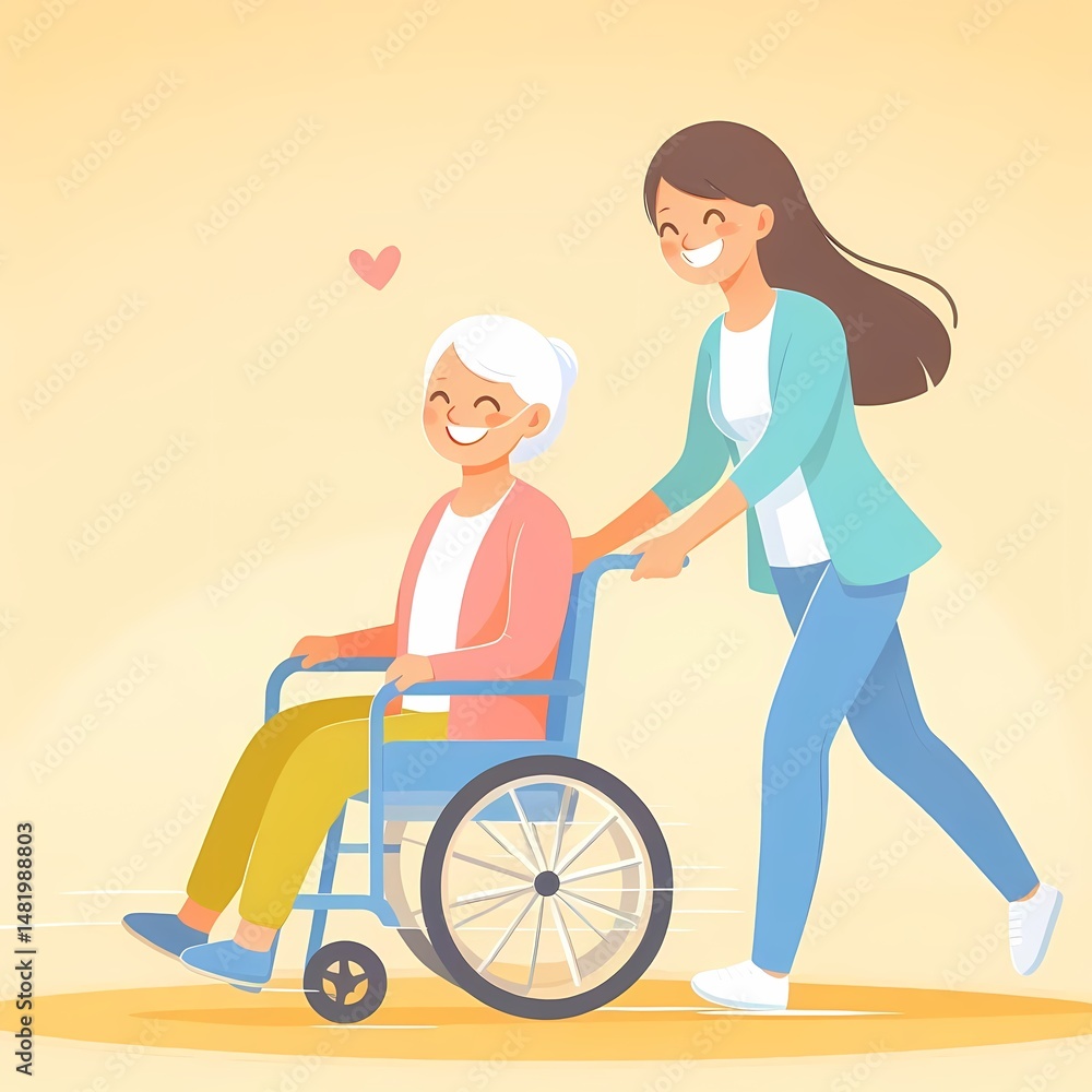Cheerful caregiver pushing elderly woman in wheelchair with heart icon Cheerful caregiver pushing elderly woman in wheelchair with heart icon