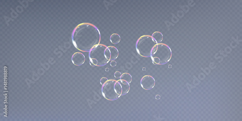 Realistic Soap Bubbles Collection on Transparent Background. Floating Glossy Bubbles with Rainbow Reflections, Shiny Surface, and Light Glow for Clean, Fun, or Decorative Design Elements