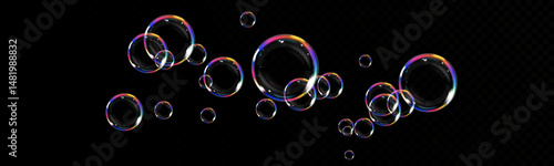 Realistic Soap Bubbles Collection on Transparent Background. Floating Glossy Bubbles with Rainbow Reflections, Shiny Surface, and Light Glow for Clean, Fun, or Decorative Design Elements