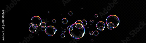 Realistic Soap Bubbles Collection on Transparent Background. Floating Glossy Bubbles with Rainbow Reflections, Shiny Surface, and Light Glow for Clean, Fun, or Decorative Design Elements