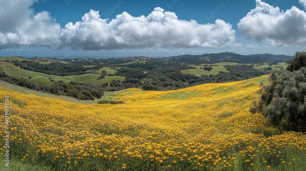Fototapeta premium Vast field of wildflowers, rolling hills, and blue sky