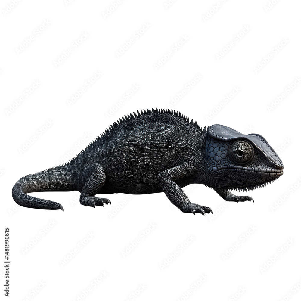 Obraz premium Mysterious black chameleon patiently stalking its prey blending into dark on transparent background