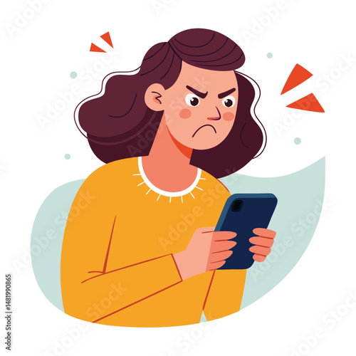 Angry woman online, texting hate comment on mobile phone. Aggressive person with smartphone, chatting in social media, internet conflict. Flat vector illustration isolated on white background 