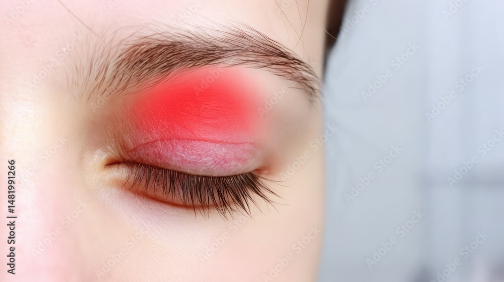 Obraz premium Woman with red irritation in her eye looking in pain on plain white background, symptoms of eye pain, eye scratch or medical eye problems