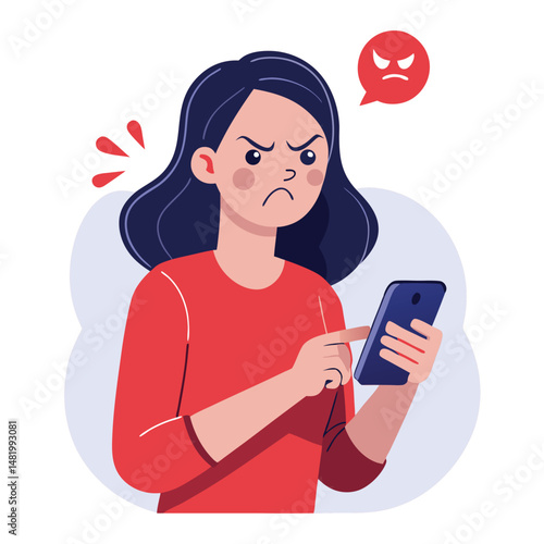 Angry woman online, texting hate comment on mobile phone. Aggressive person with smartphone, chatting in social media, internet conflict. Flat vector illustration isolated on white background 
