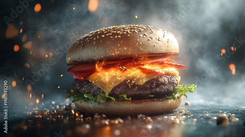 A delectable hamburger bursting with flavor and heat.