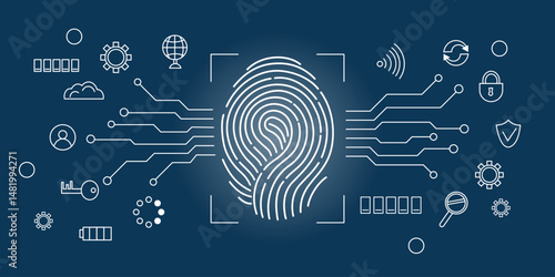 Fingerprint scanning system. Biometric authentication technology concept. Personal touch id identity. Vector hand drawn background.