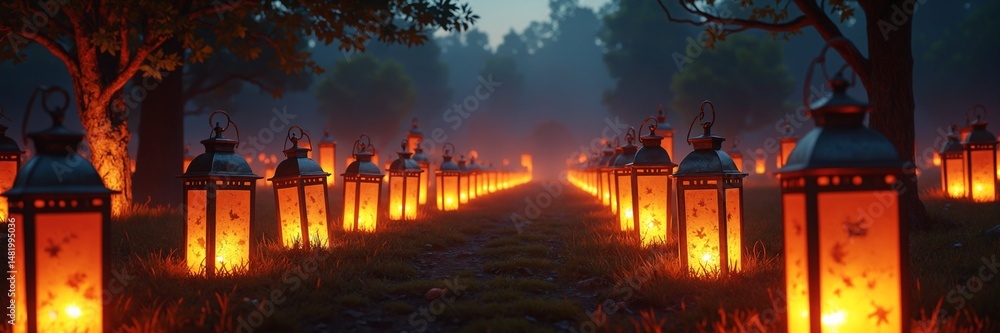 Fototapeta premium Glowing Lanterns in a Mysterious Cemetery at Night Illuminating the Dark with Warm Light