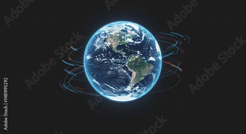 Global Earth illustration with swirling lines against black background  