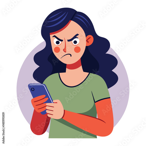 Angry woman online, texting hate comment on mobile phone. Aggressive person with smartphone, chatting in social media, internet conflict. Flat vector illustration isolated on white background 