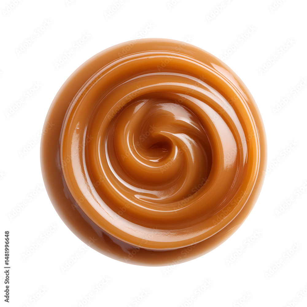 Smooth caramel cream swirl with glossy texture top view, isolated on white background
Smooth caramel cream swirl with glossy texture top view, isolated on white background