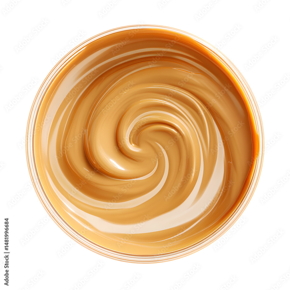 Smooth caramel cream swirl with glossy texture top view, isolated on white background
Smooth caramel cream swirl with glossy texture top view, isolated on white background