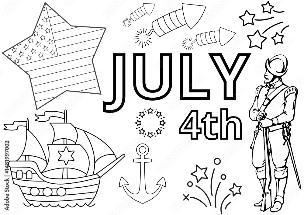 coloring page with july 4th text; us independence day black outline on white background; simple level; usa flag, ship, christopher columbus & fireworks coloring page with july 4th text; us independence day black outline on white background; simple level; usa flag, ship, christopher columbus & fireworks