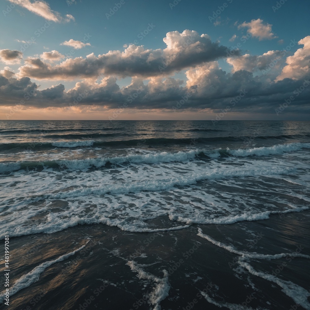 Fototapeta premium Golden hues paint the horizon over the water during both sunrise and sunset on the sandy beach, a serene nature seascape