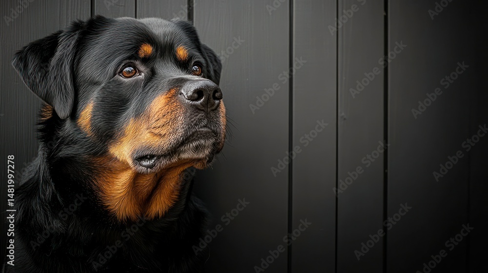 Obraz premium Black Rottweiler portrait against dark wood