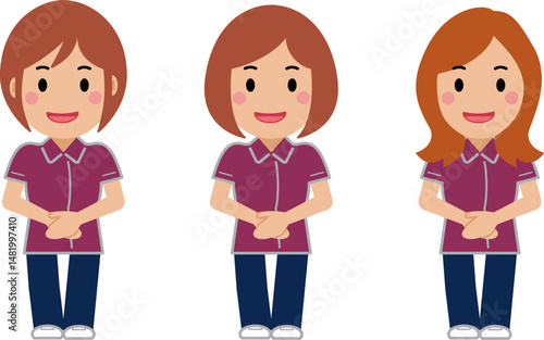 手を前で重ね、笑顔のえんじ色の制服の女性看護師