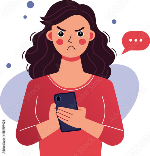 Angry woman online, texting hate comment on mobile phone. Aggressive person with smartphone, chatting in social media, internet conflict. Flat vector illustration isolated on white background 