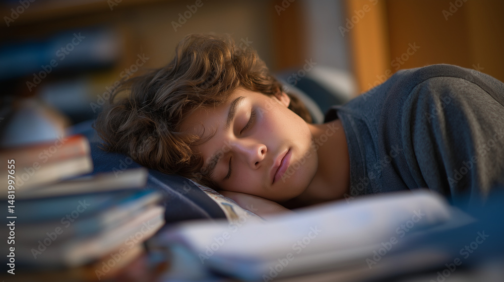 Student falling asleep on textbooks in a dorm room Student falling asleep on textbooks in a dorm room