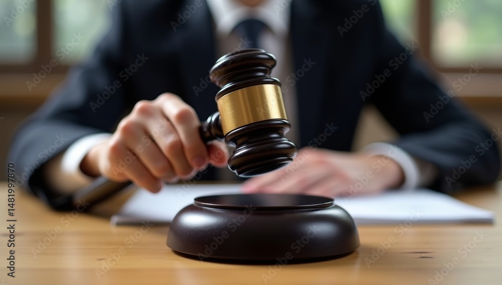 Judge holding gavel in courtroom representing justice and law Judge holding gavel in courtroom representing justice and law