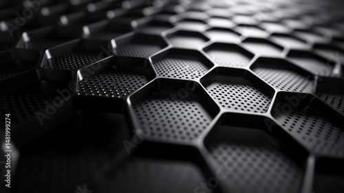 Abstract close-up view of a black honeycomb metal pattern.