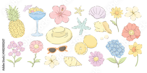 Cute flower and summer element vector set. Hand drawn of floral, pineapple, lemon, sunglasses, cocktail, hat, shell with sketch line. Design for card, banner, cover, sticker, print, packaging.