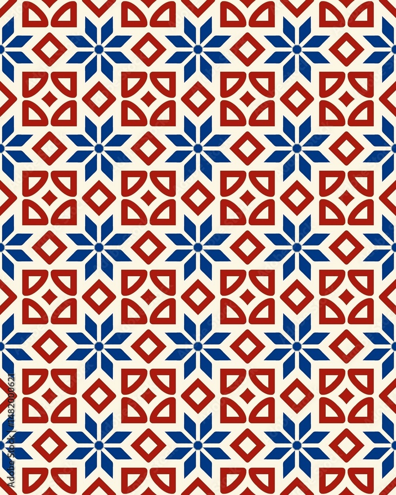 This vibrant geometric pattern showcases repeating shapes in red, blue, and white, creating an eye-catching design ideal for textiles or decor This vibrant geometric pattern showcases repeating shapes in red, blue, and white, creating an eye-catching design ideal for textiles or decor