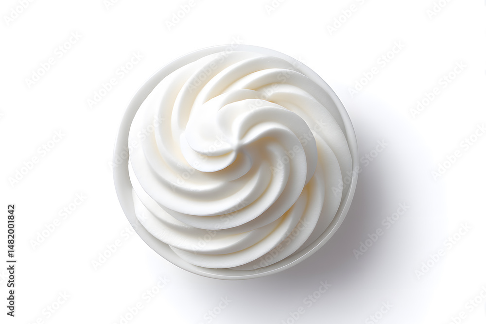 Top view whipped cream or meringue on white background. Meringue swirl, realistic bakery mousse
Top view whipped cream or meringue on white background. Meringue swirl, realistic bakery mousse