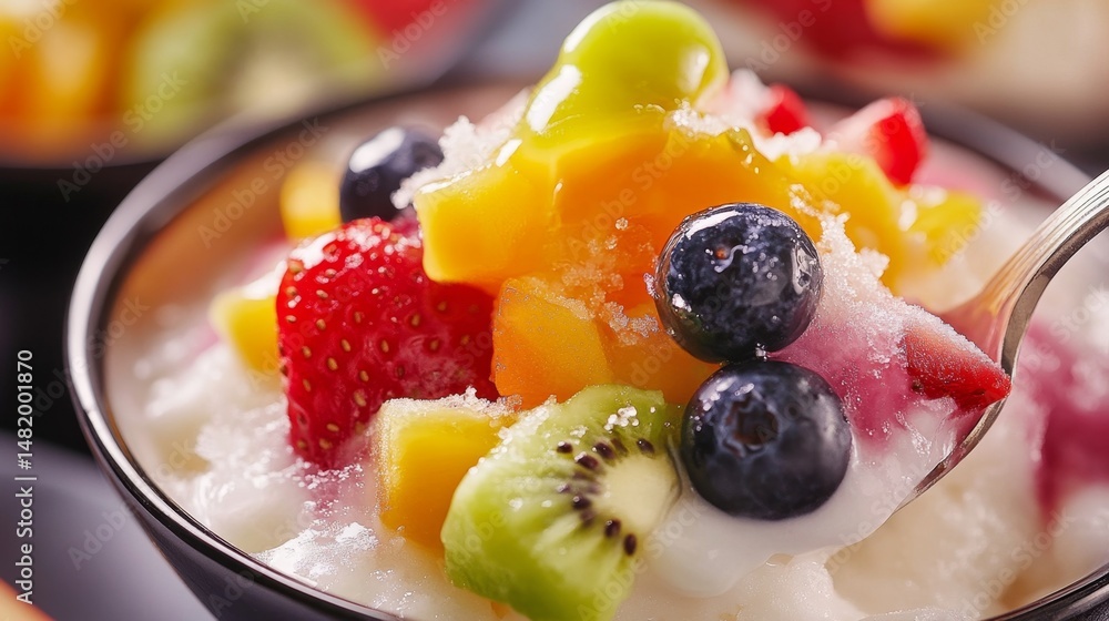 Close-Up Spoonful of Melting Bingsu with Fresh Fruits and Ice Cream Close-Up Spoonful of Melting Bingsu with Fresh Fruits and Ice Cream
