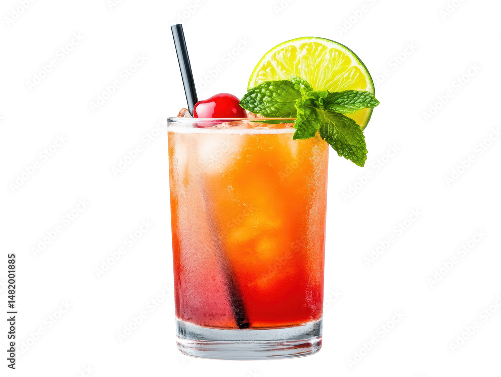 Refreshing summer cocktail with cherry and lime garnish, cut out transparent Refreshing summer cocktail with cherry and lime garnish, cut out transparent