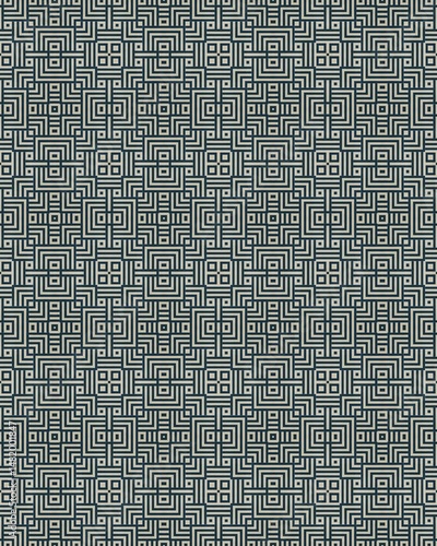 This artwork showcases a complex repetitive pattern of interlocking squares, emphasizing symmetry and precision in a muted color scheme
