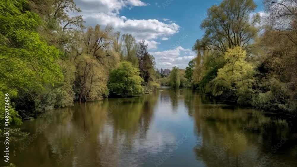 Tranquil river scene with trees and foliage reflecting in the calm water under a blue cloudy sky during spring season Tranquil river scene with trees and foliage reflecting in the calm water under a blue cloudy sky during spring season