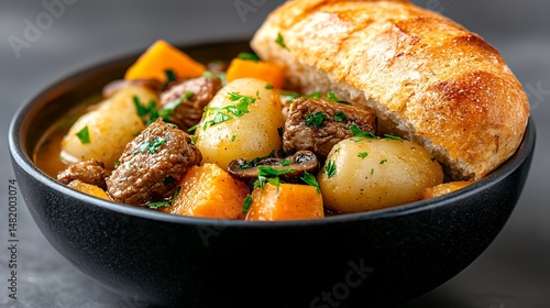 Beef Stew in Black Bowl with Bread