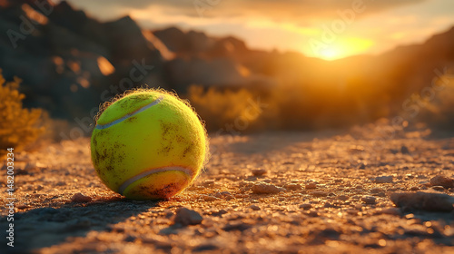 A weathered tennis ball rests on dusty ground at sunset.
