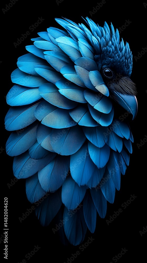 Obraz premium A vibrant blue, stylized bird of prey, rendered in meticulous detail against a stark black background. Its feathers are depicted with remarkable texture and depth