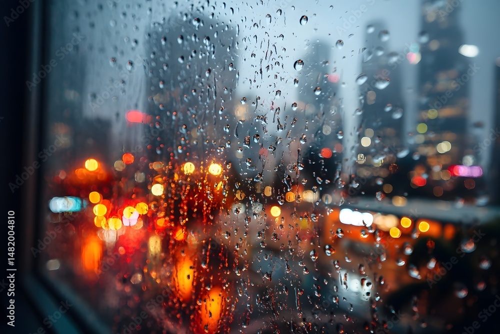 Obraz premium Rainy night cityscape through a glass window